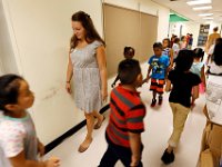 1009397793 ma nb HayMacFistDay  Students follow their teachers to their class on the first day of school at the Hayden McFadden Elementary School in New Bedford.  PETER PEREIRA/THE STANDARD-TIMES/SCMG : education, school, students